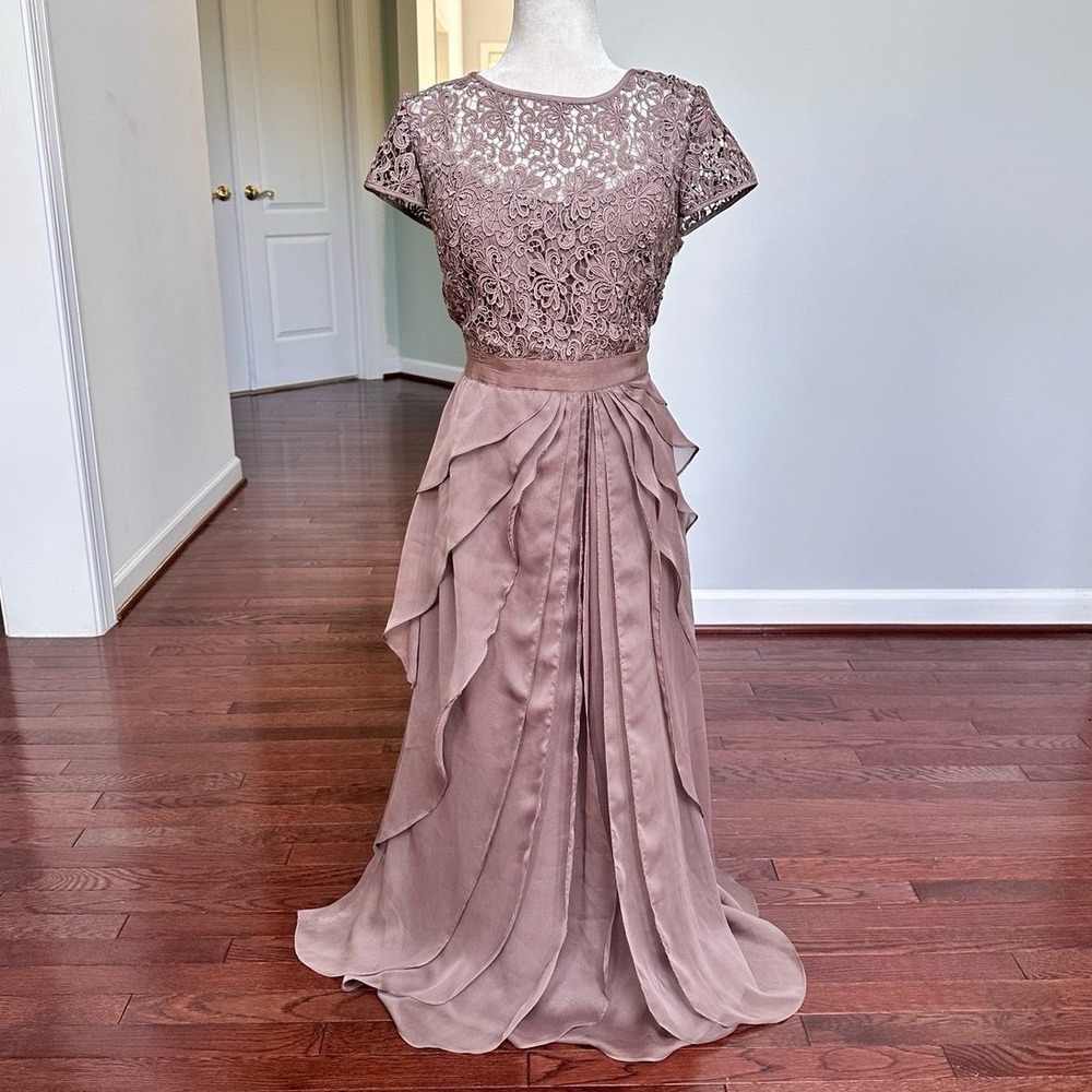 Adrianna Papell Brown Layered Tiered Lace Sheer Top Dainty High Neck Gown Dress